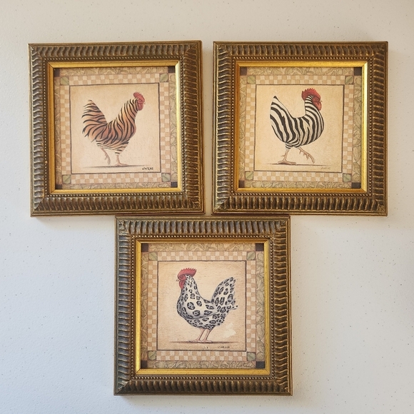 Exotic Chickens Rooster Gold Framed Print Leopard Animal Print Signed J. WIENS - Picture 1 of 8